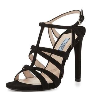 Prada Suede Stilettos Heel Cross T Strappy Sandals Black Women's Size EU 38.5